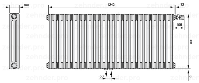 Схема (чертеж) Радиатор Zehnder Charleston 3090/27 №V008 Белый глянцевый RAL 9016